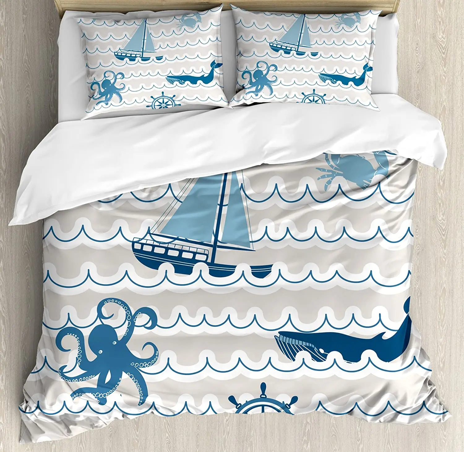 

Nautical Bedding Set For Bedroom Bed Home Wave Pattern with Nautical Elements Icons Octopu Duvet Cover Quilt Cover Pillowcase