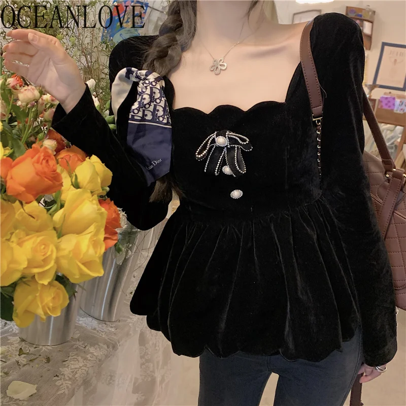 

Black Blusas Mujer Solid Square Neck Retro 2021 Spring Women Tops and Blouses Velvet Korean Shirts Elegant 19491