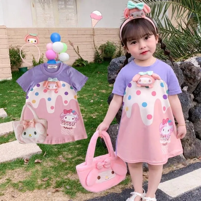 

Kawaii Anime Sanrios My Melody Girls' Summer Sweet Dress Cute Round Neck Ice Cream Print T-shirt Dresses Kids Birthday Gifts