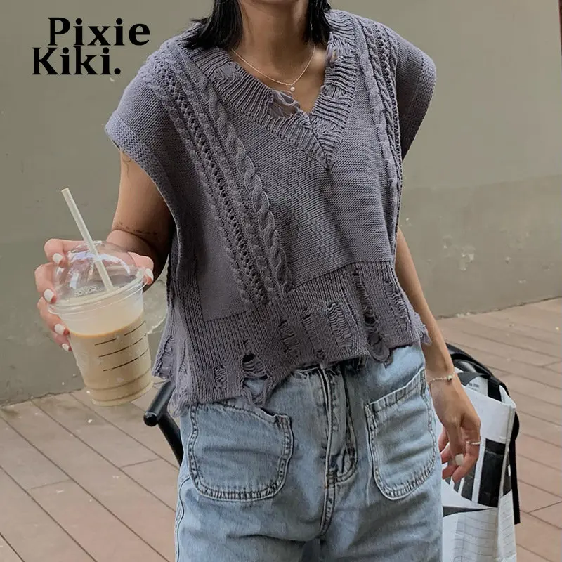 

Женский трикотажный жилет PixieKiki Trashy Y2k, серый рваный свитер с V-образным вырезом, топы в стиле преппи, женские эстетические Свитера и джемперы