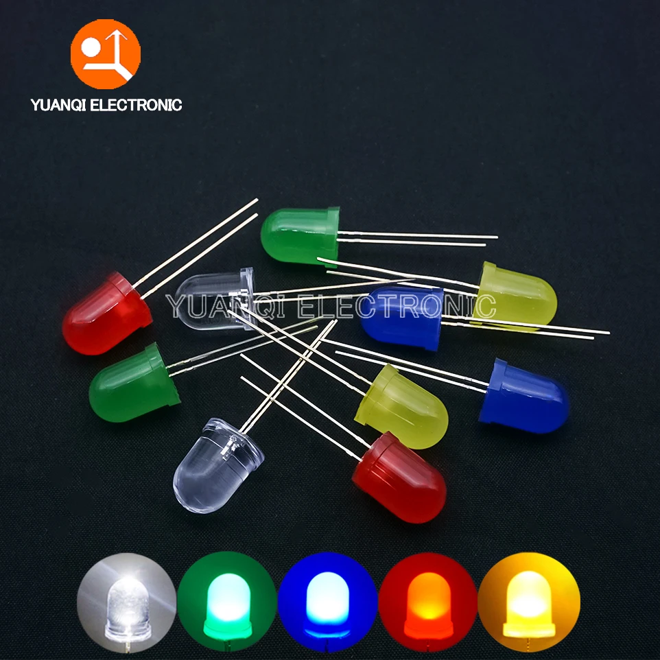 

10pcs 10mm LED Assorted Kit 5 Colors White Red Green Blue Yellow DIY F10 0.75W Diffused Round Light Emitting Diode