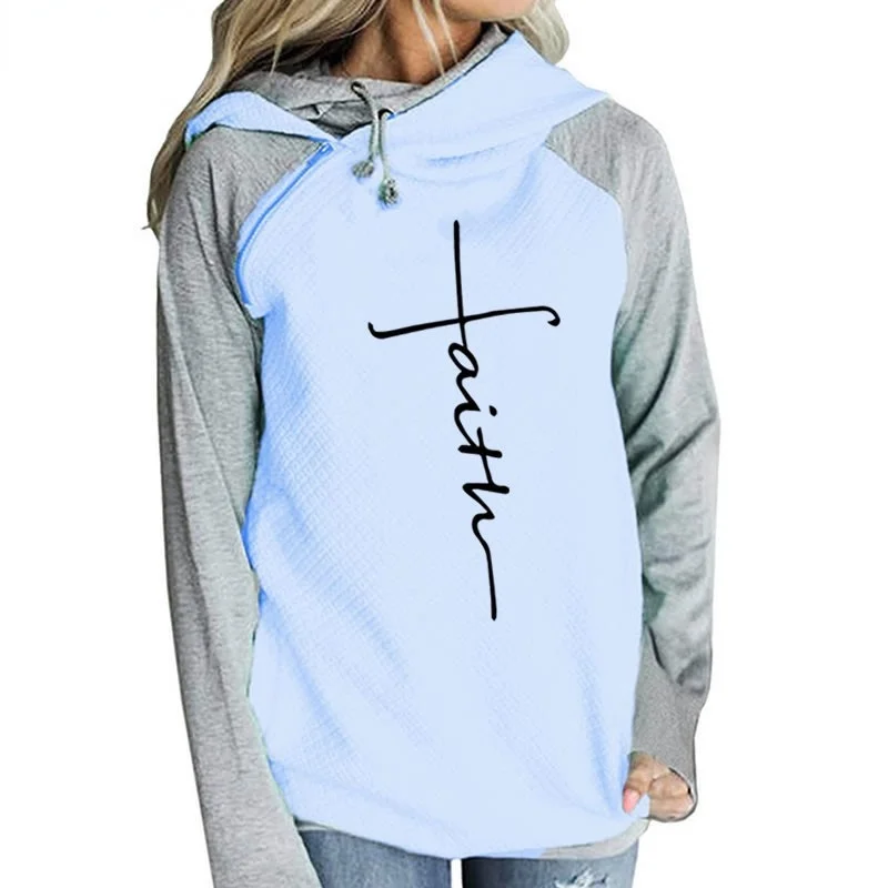 

Autumn Winter Patchwork Hoodies Sweatshirts Women Faith Cross Embroidered Long Sleeve Sweatshirts Female Warm Pullover Tops