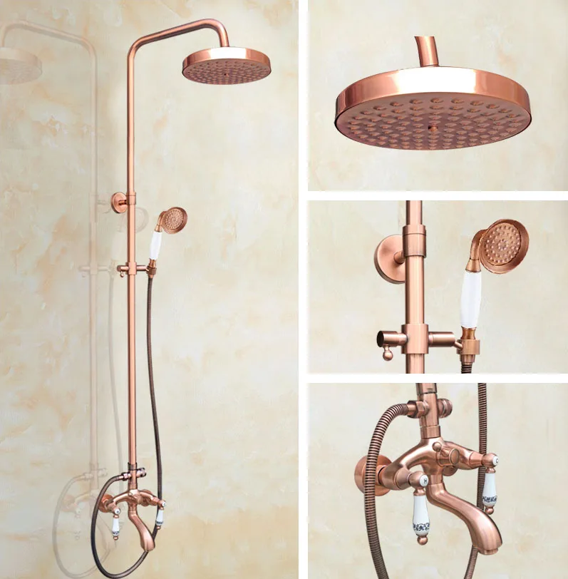 

Antique Red Copper Brass Dual Ceramic Handles Bathroom 8 Inch Round Rain Shower Faucet Set Bath Tub Mixer Tap Hand Shower mrg535