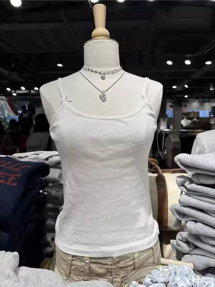 Женская майка Love Eyelet Bow 2024 летняя кружевная отделка белые хлопковые тонкие майки
