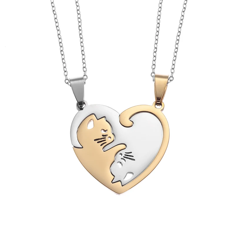 

Two-Piece Cute Cat Pendant Stainless Steel Jewelry Women Girl Fashion Charm Couple Necklace Girlfriend Jewelry Gifts