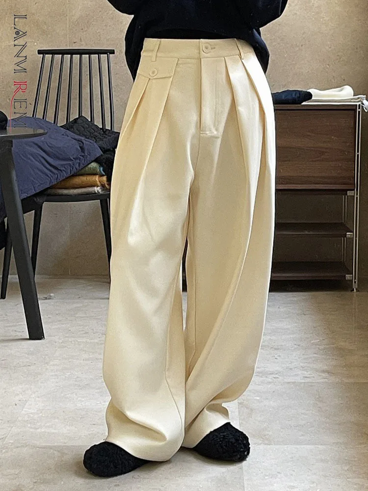 LANMREM Casual Wide Leg Pants Women's Loose Solid Color High Waist Button Loose Trousers New 2023 Autumn Winter New 2L1011