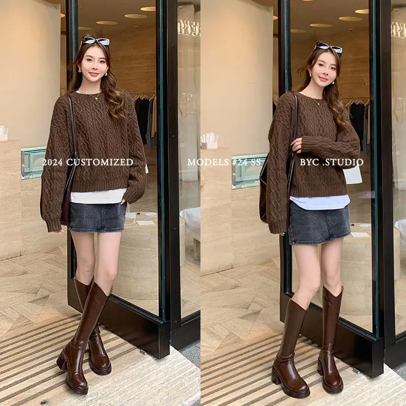 Женские кожаные сапоги до колена из натуральной телячьей кожи с верхом и валом на