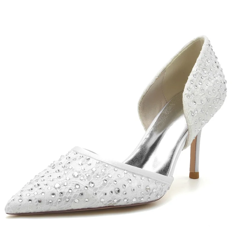 Spring and summer white lace rhinestone pointed stiletto bridal wedding shoes large size banquet dress all-match women's sandals