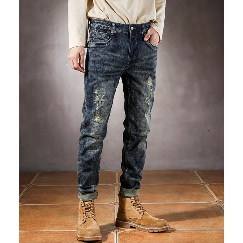 Streetwear Men Autumn and Winter New Pattern Self-cultivation Elastic Force Blue Pencil Pants Recreational Ripped Jeans Female