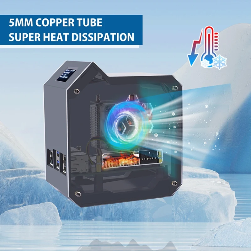 Для Raspberry Pi 5 Tower Fan Kit Корпус Медная трубка Ice Вентилятор PWM JST 4-контактный порт RGB LED