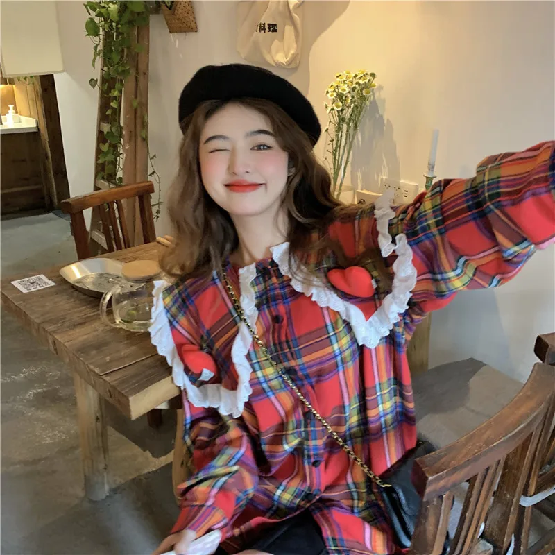 

VANOVICH 2022 Spring New Korean Style Sweet Peter Pan Collar Patchwork Plaid Shirts Single Breasted Fashion Cotton Casual Shirts