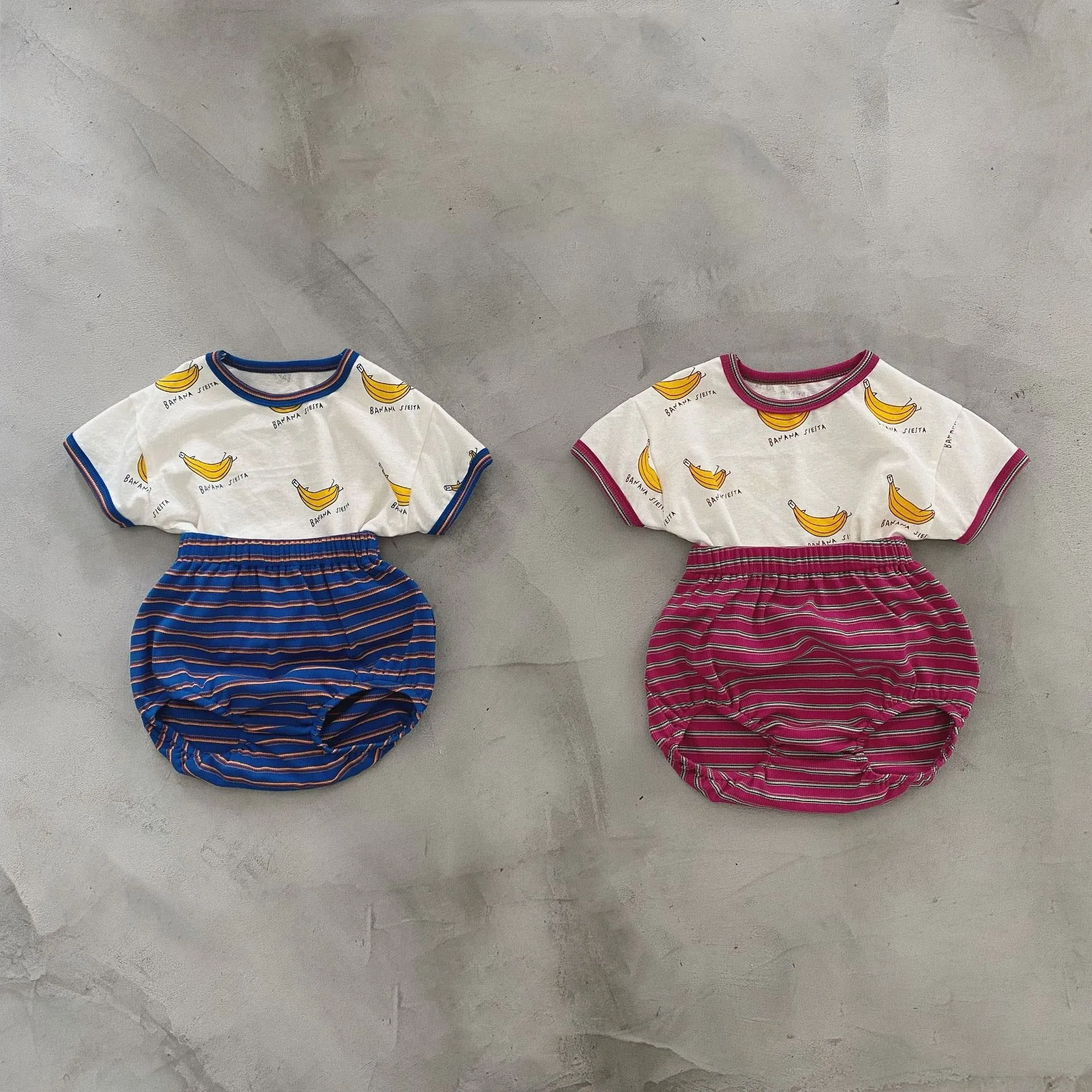 

2022 Infant Summer New Arrival Set Baby Girl Fashion Banana T-shirt And Boy Simple Striped Cotton Big PP Shorts 2pc Set