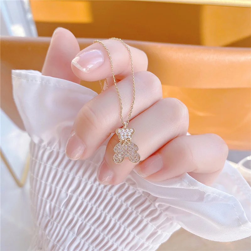 

Korean Ins Wind Micro-inlaid Zircon Pearl Cute Bear Short Necklace Female Temperament Fairy Clavicle Chain Hot