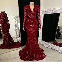 v neck burgundy prom gowns sequined lace mermaid evening dresses 2022 new summer ziipper back elegant womens dress vestidos de