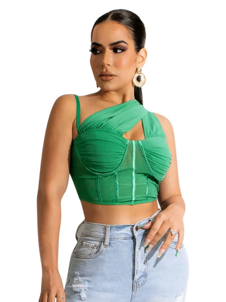 

Szkzk Asymmetrical Mesh Camis Night Club Vest Women Green Bodycon Crop Top Inclined Shoulder Zip Up Party Sexy Short Tank Tops