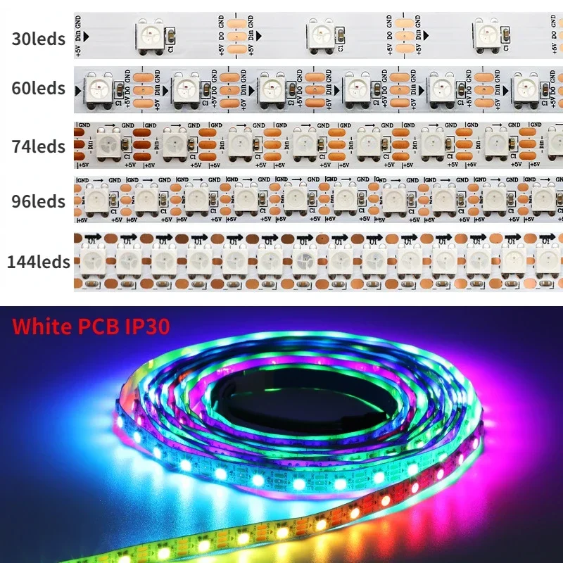 1-5 метров Smart DC5V WS2812B Светодиодная лента 30/60/74/96/144 светодиодов Черный/Белый PCB IP30/65/67