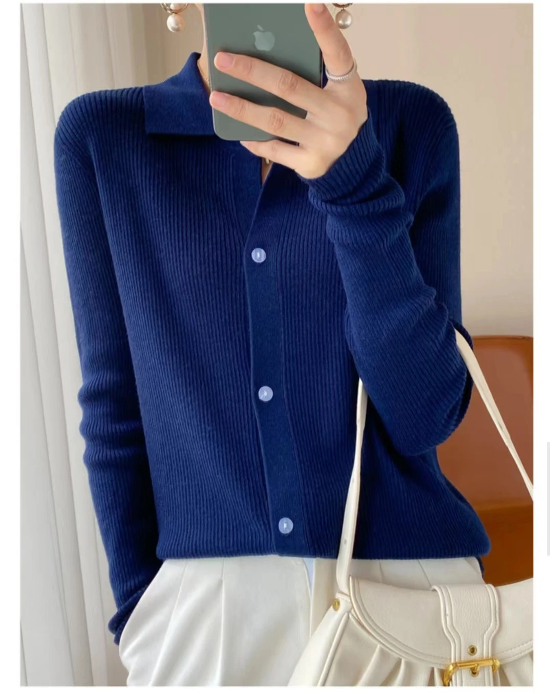 Лидер продаж 2024 женский кашемировый свитер вязаный кардиган с воротником-поло