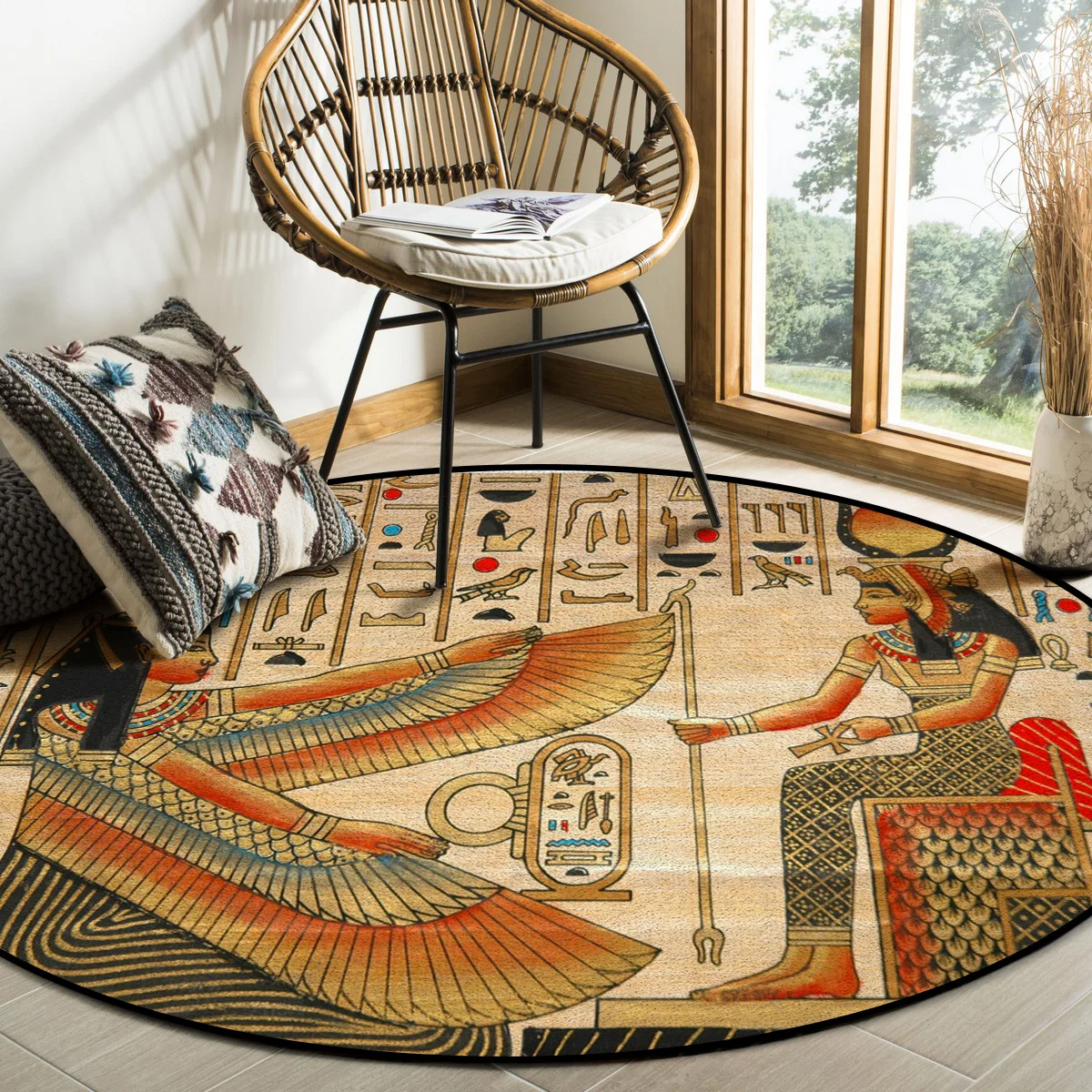 

Living Room Bedroom Floor Mats Kids Room Area Rug Egyptian Character Desert Wall Vintage Print Round Rug