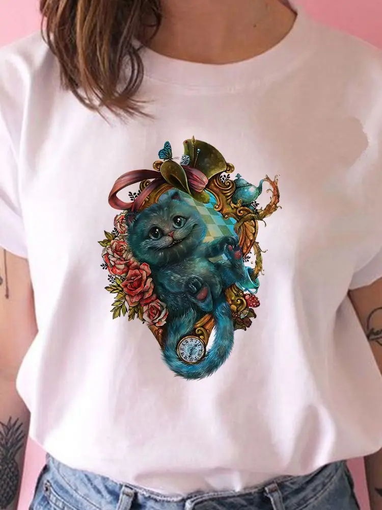 Футболка Disney Summer Women New Products Alice in Wonderland Cheshire Cat Tshirt Модная креативная Harajuku