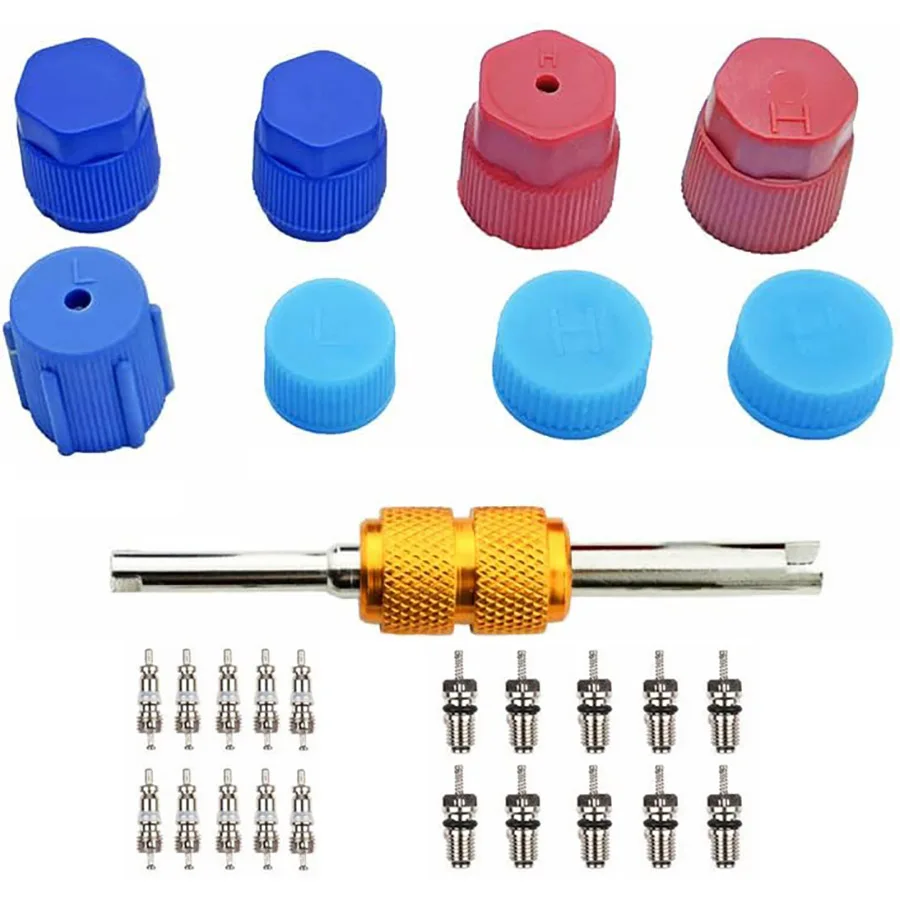 

29 шт., комплект сердечников клапана кондиционера, аксессуары для сердечников Schrader, A/C R12 R134a, инструмент для снятия холодильного оборудования, уплотнительные колпачки системы HVAC