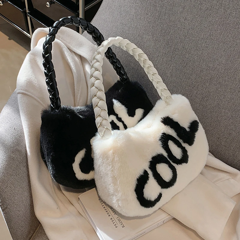 

Fashion Women's Bag Alphabetic Pattern Handbag Rabbit 's Hair Shoulder Bag Weave Shoulder Belt Large Capacity Bags for Women