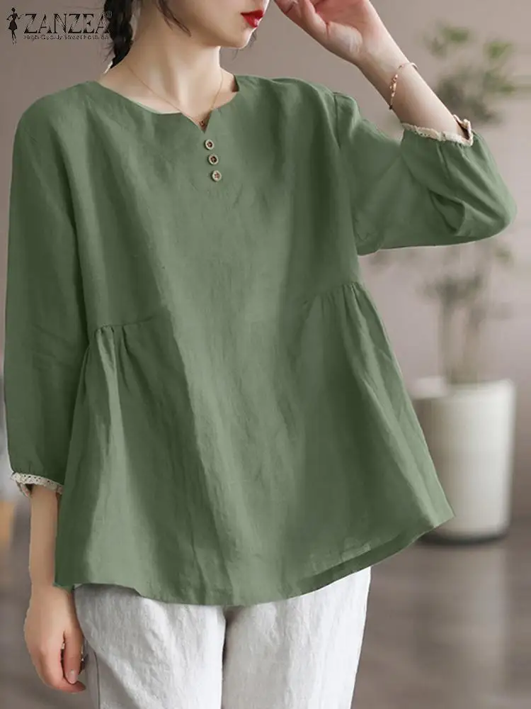 

Блузка ZANZEA Женская хлопковая с рукавом 2023, элегантная Однотонная рубашка с винтажным кружевом в стиле пэчворк, рабочая сорочка, весна 3/4