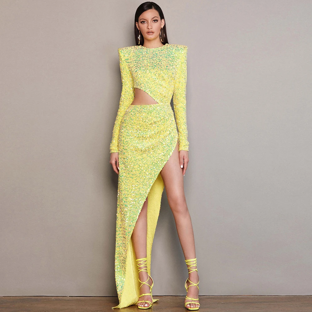 

Женское бархатное платье с блестками, длинное платье с длинными рукавами и разрезом, соблазнительное асимметричное длинное платье с ажурной талией, модные элегантные вечерние платья для банкета