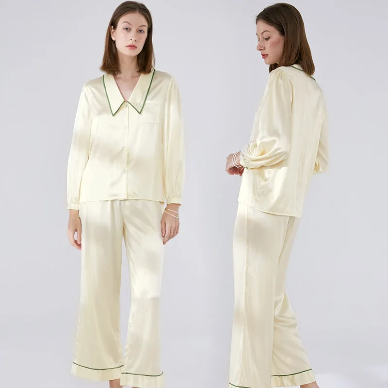 luxury women's pajamas set solid turn down collar ladies satin sleepwear spring summer silk pijama suit homewear for female