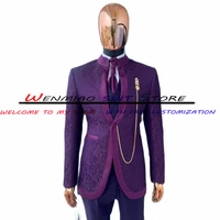 purple jacquard mens suit 3 piece wedding groom tuxedo formal jacket set party blazer pants vest male complete outfit