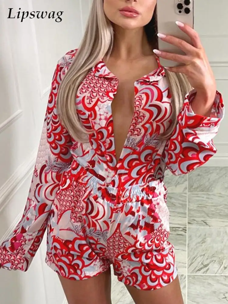 

Women Shirt + Shorts + Scarf Set Elegant Long Sleeve Blouse Top And Fashion Print Shorts Outfit Casual Loose Boho Beach 3pc Suit