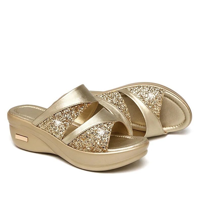 

2021 New Women Summer Slippers Ladies Glitter PU Wedges Shoes Female Casual Slingbacks Sandals Comfortable Platform Woman