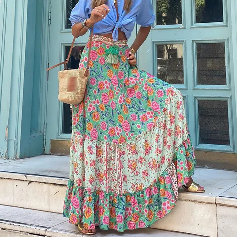 Summer Casual Button High Waist Split Skirt Fashion Lady Hip Wrap Pleated Beach Bohemian Skirts Vintage Floral Print Hem Skirts