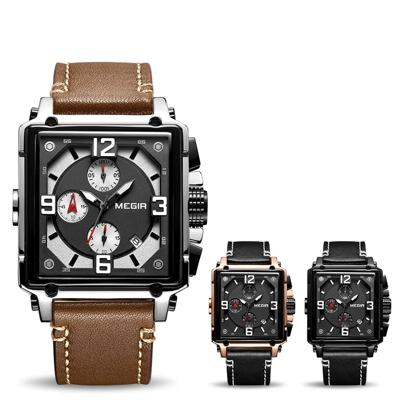 

MEGIR часы Роскошные мужские часы Прямоугольные кварцевые военные часы светящиеся водонепроницаемые наручные часы Календарь мужской хронограф 2061