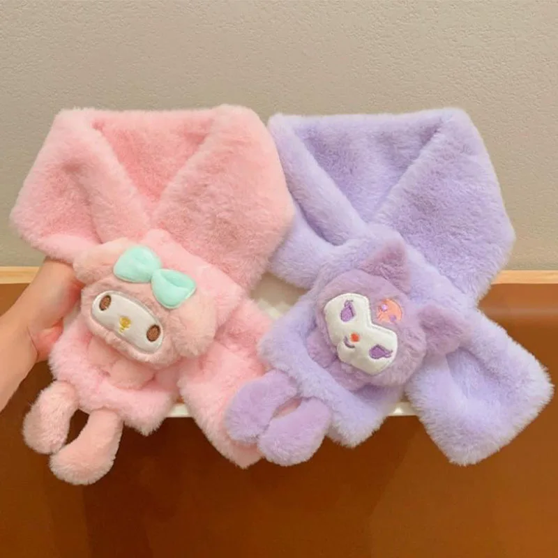 

Плюшевый шарф, Детский мягкий шейный платок из искусственного кроличьего меха, Sanrioed Hellokittys Kuromi Cinnamoroll, шейный платок для девочек, зимний теплый материал