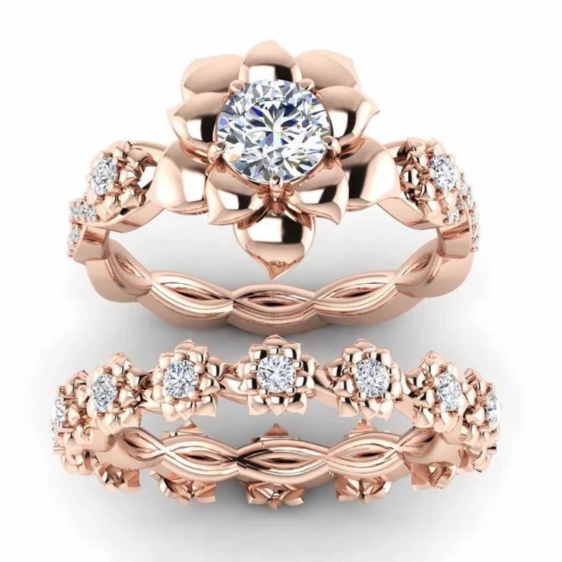

2 Pcs/Set Women Fashion Rose Gold Set White Zircon Flower Ring Elegant Cocktail Party Jewelry Accessories Wedding Anniversary