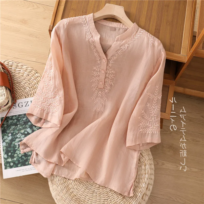 

Limiguyue Summer Casual Floral Embroidery Ramie Blouse Women Shirts 3/4 Sleeve V Neck Vintage Literary Thin Loose Tops U879