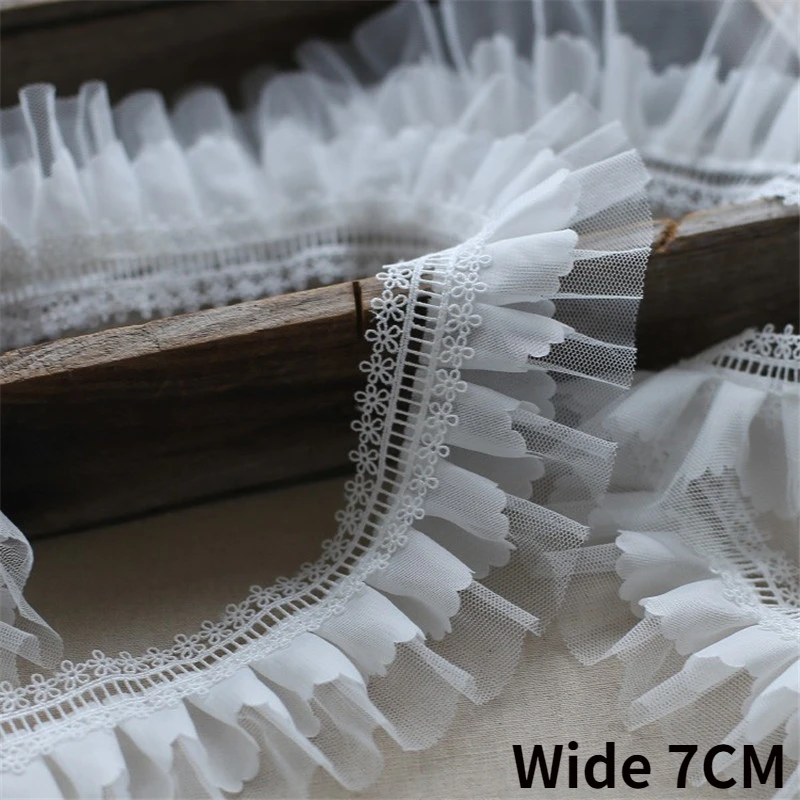 

7CM Wide White Double Layers Pleated Mesh Chiffon Lace Fabric Embroidery Ruffle Trim Fluffy Dress Collar Neckline Sewing Decor