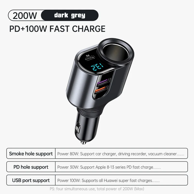 

Автомобильное зарядное устройство 200 Вт, быстрая зарядка, дисплей напряжения, USB 100 Вт, PD 30 Вт, 4 в 1, двойной 12 В/24 В, разветвитель прикуривателя, адаптер питания