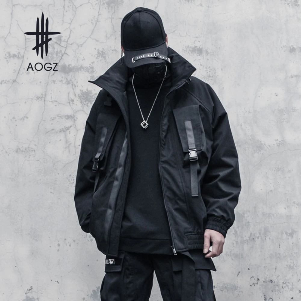

AOGZ Zipper Cargo Jacket Mens Winter Windbreaker Jacket Hip Hop Streetwear Casual Loose Outwear Techwear Bomber Jacket Thick