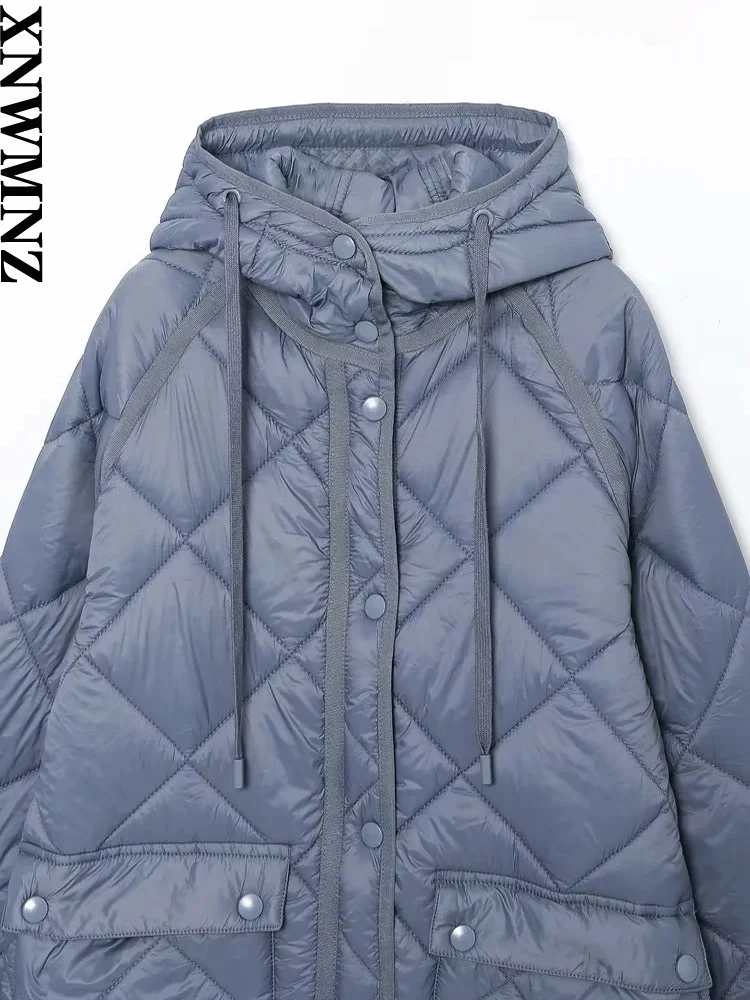 XNWMNZ Women Fashion Autumn Winter Mid-length Hooded Lingge Cotton Clothes Casual Long Sleeves Thicken Outerwear Solid Jacket