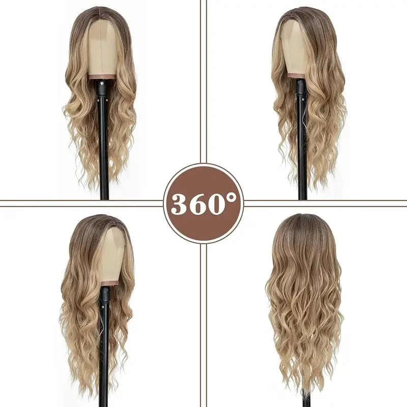 Фото Синтетический длинный кружевной парик Ombre Blonde, волнистый парик для женщин, 26 дюймов, средняя часть, вьющиеся, естественно выглядящие, термостойкое волокно на каждый день №3