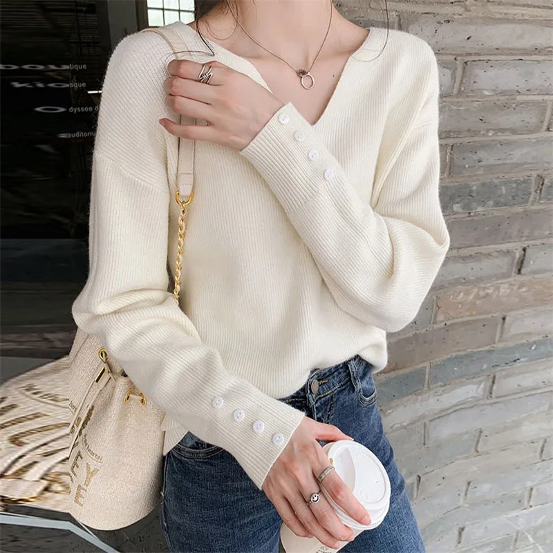 

Женская трикотажная блузка с длинным рукавом, Элегантная Модная Однотонная рубашка 2022, корейские модные топы, трендовые свитера