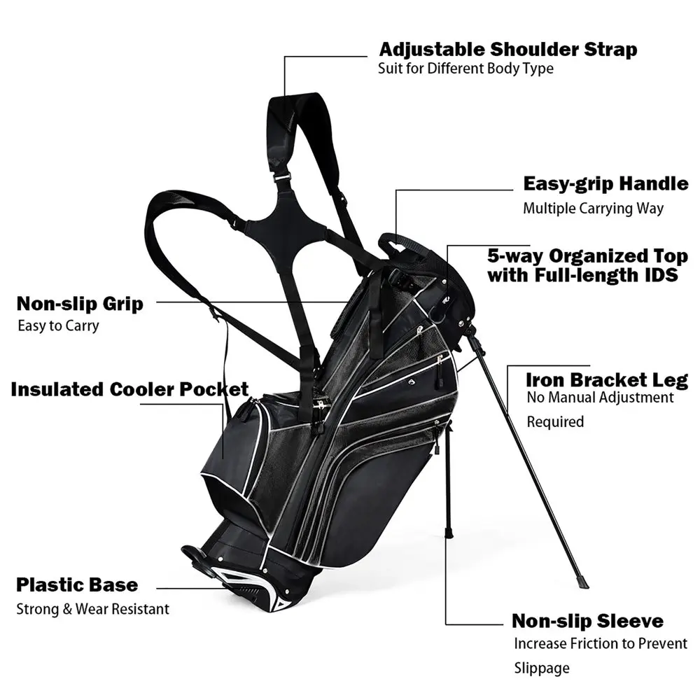 Golf Stand Cart Bag Club w/6 Way Divider Carry Organizer Pockets Storage Black