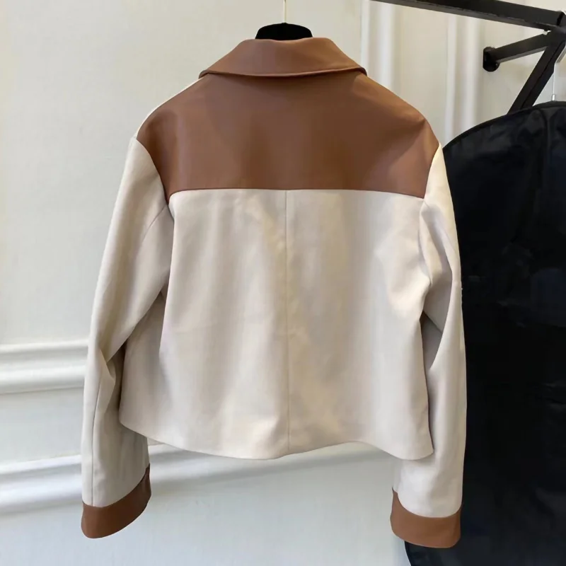 2023 Women's Real Leather Jackets Patchwork Zipper Luxury Short Coats Elegant Fashion Autumn Winter ZM4973