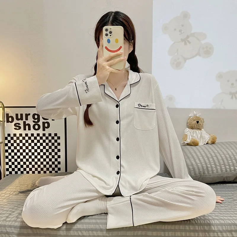Pajamas Women Spring and Autumn Style 2023 New Long-sleeved Cotton Waffle Large Size Cute Home Set Suit with Turn-over Collar