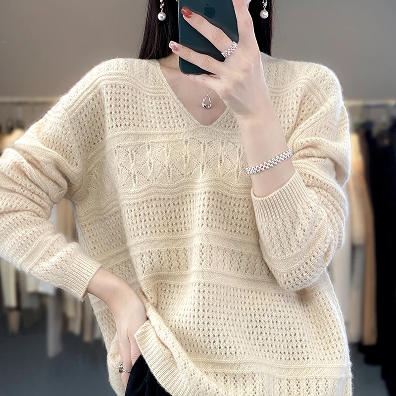 

100 pure Wool V-Neck Women's Sweater 2023 New Casual Comfort Knitted Pullover Women's Long Sleeve Hollow Cashmere Sweater