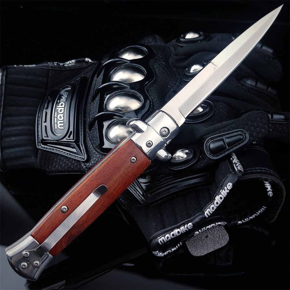 

AKC Stiletto Folding Blade Assisted Flipper Knife 440C Mirror Blade Wooden Handle Outdoor Camping Hunting EDC Pocket Tools Gifts