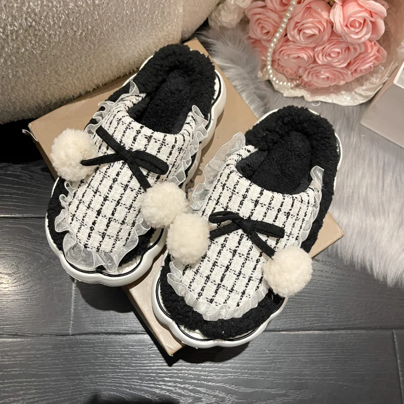 

Women 2022 Autumn and Winter New Fashion Plaid Lace Plush Edge Wear Non Slip Comfortable Versatile Cotton Slippers Outside Home