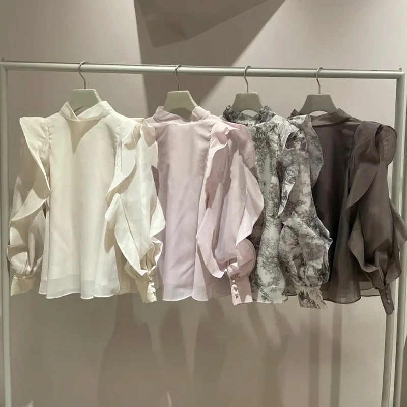 

Блузка женская с воротником-стойкой, элегантная Милая рубашка с оборками, длинным рукавом, бантом на спине, на шнуровке, весна 2022