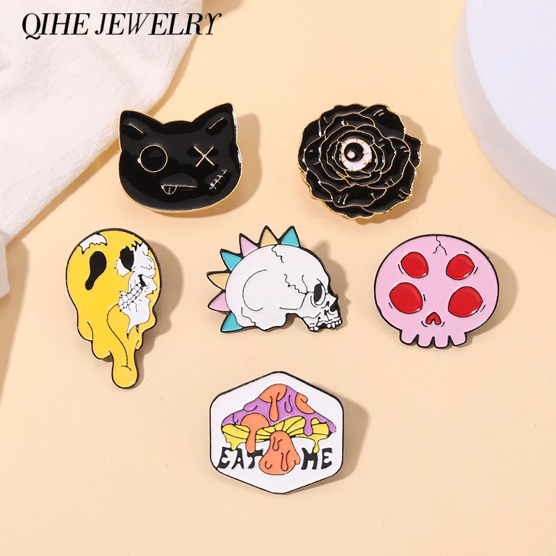 Punk Enamel Pins Custom Hiphop Black Cat Rose Mushrose Skull Brooches Badges Gothic Jewelry Gift for Kids Friends Free Shipping